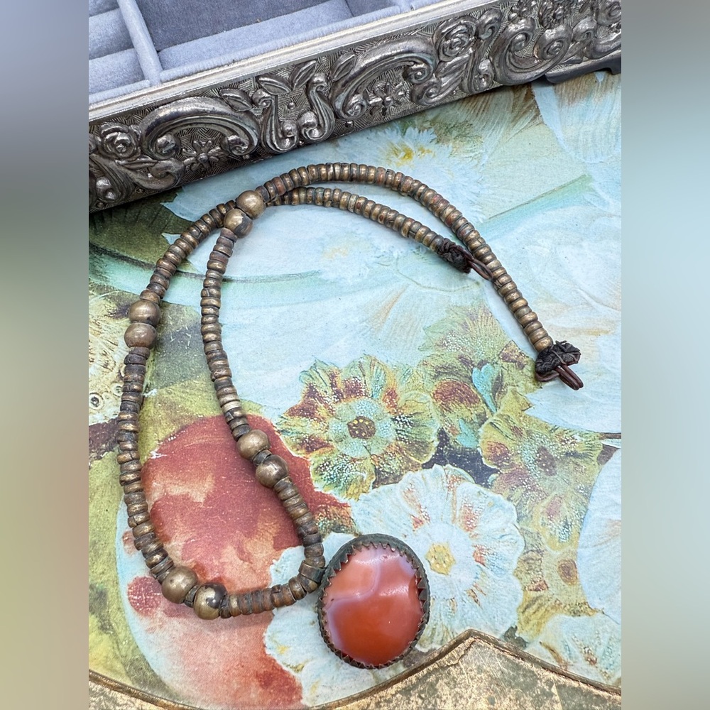 Rare antique vintage brass carnelian  necklace